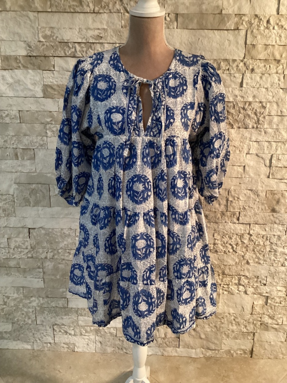Marea by Liz Joy Blue White Block Print Tiered Boho Mini Tunic Dress Size XS